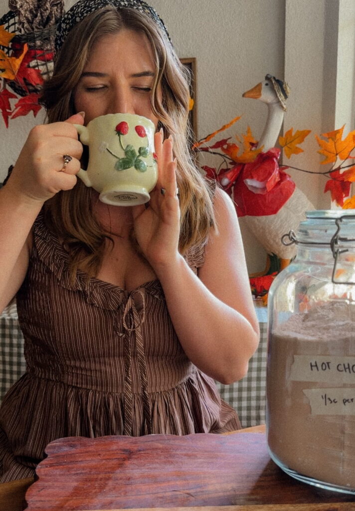Homemade hot chocolate mix stored in a glass jar