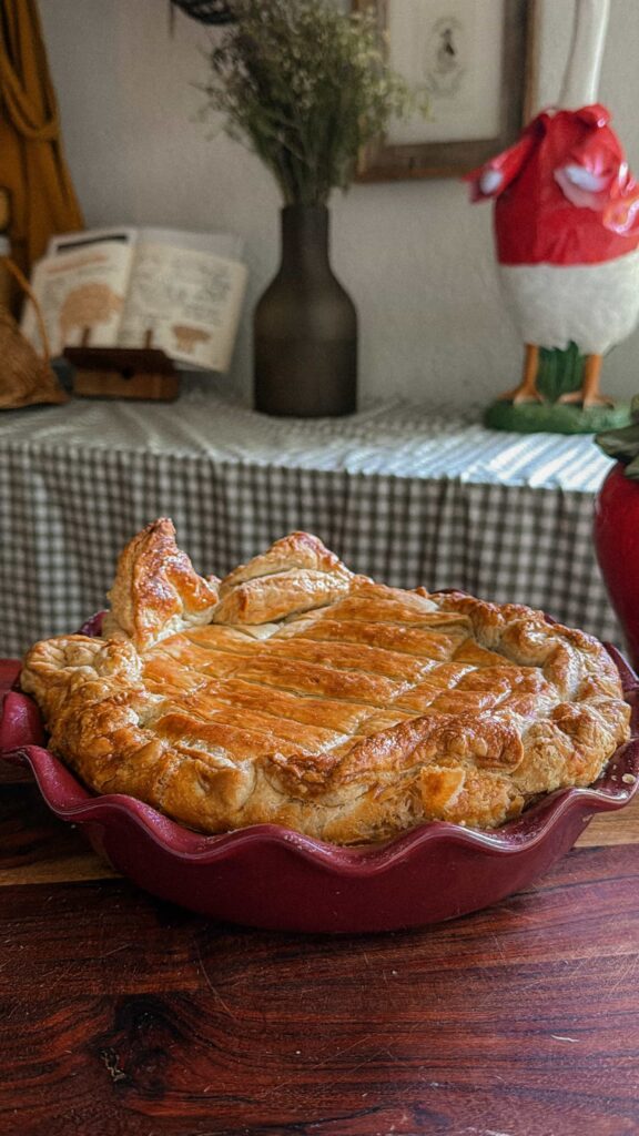 Steak and Guinness meat pie with golden puff pastry