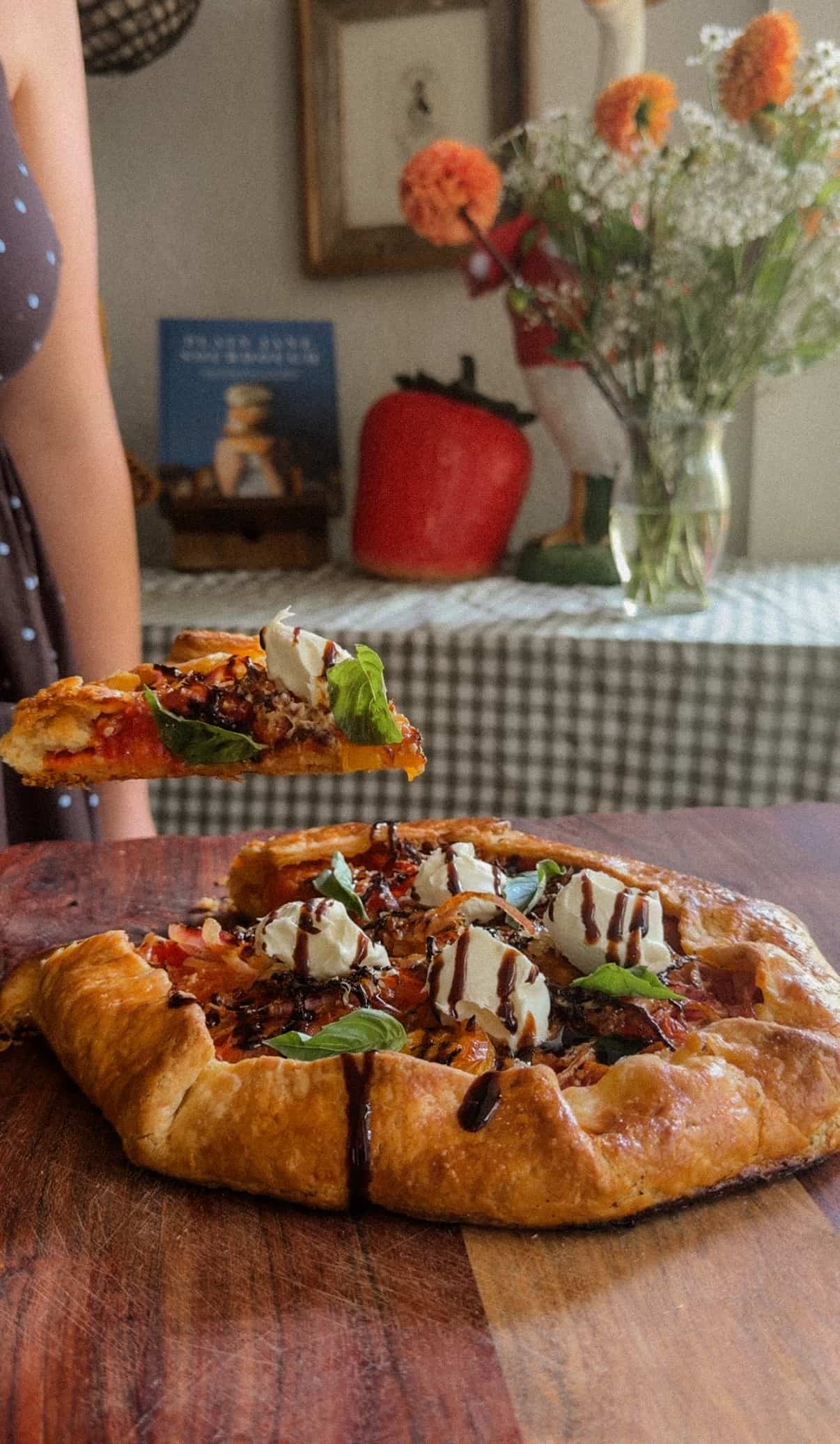 Sliced tomato galette with mascarpone and fresh basil