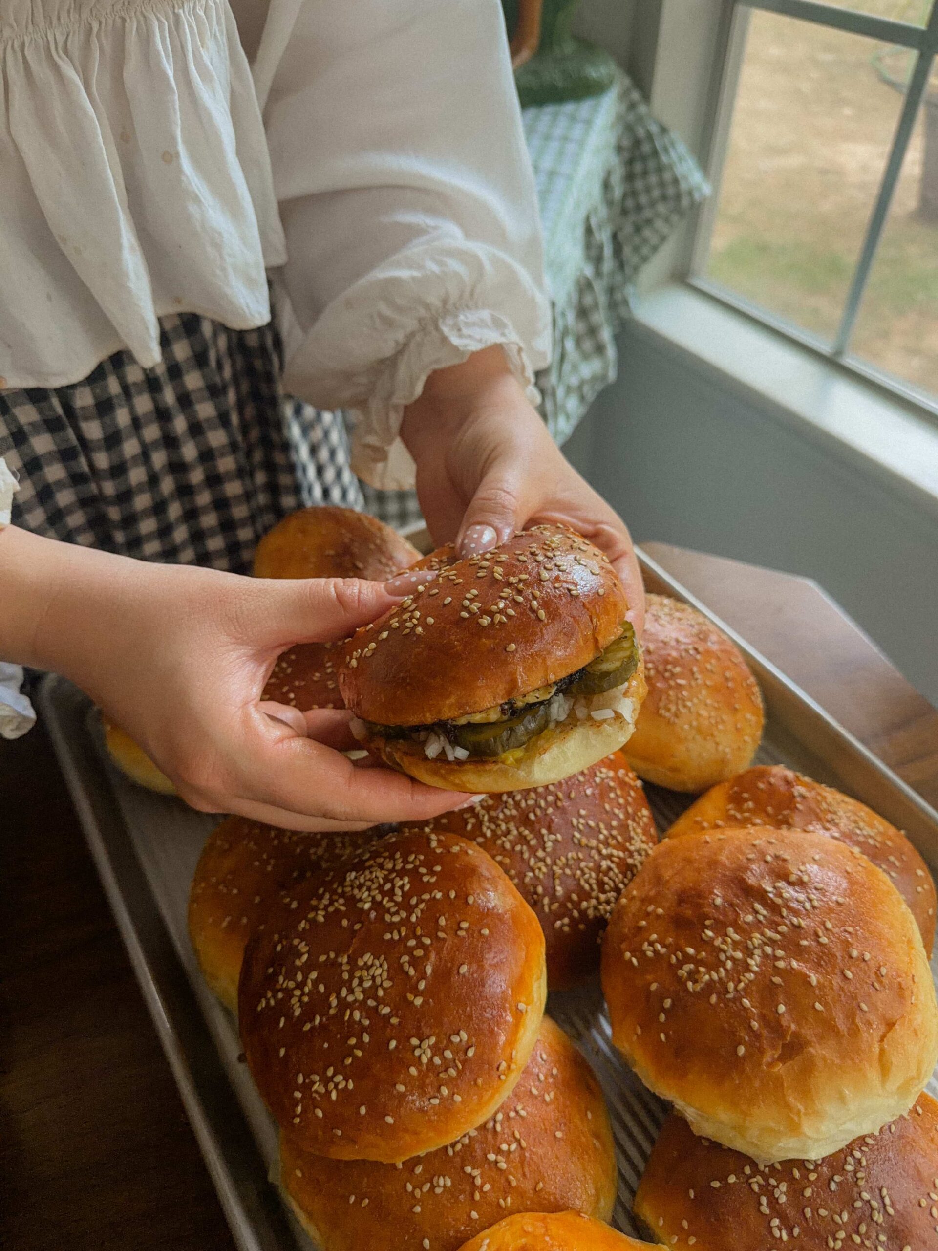 Homemade burger served on a sourdough hamburger bun