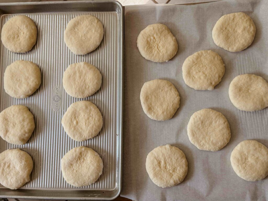 Shaping sourdough hamburger bun dough into discs