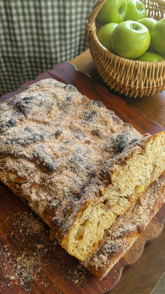 Sliced apple cider sourdough focaccia with Granny Smith apples