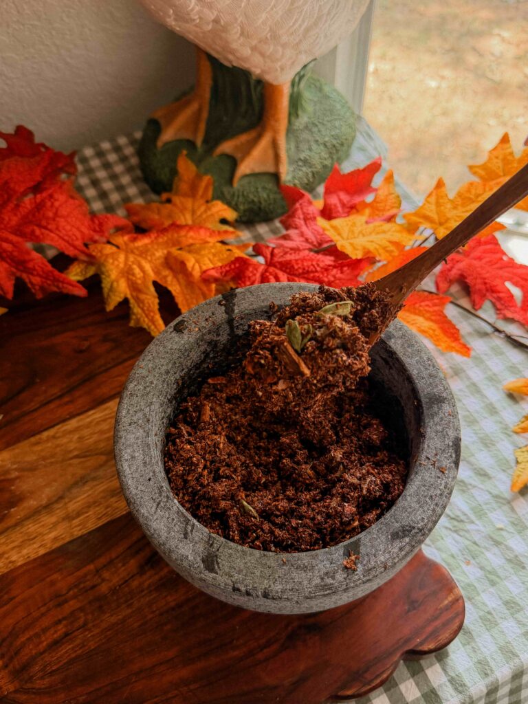 Spoonful of homemade sticky chai mixture