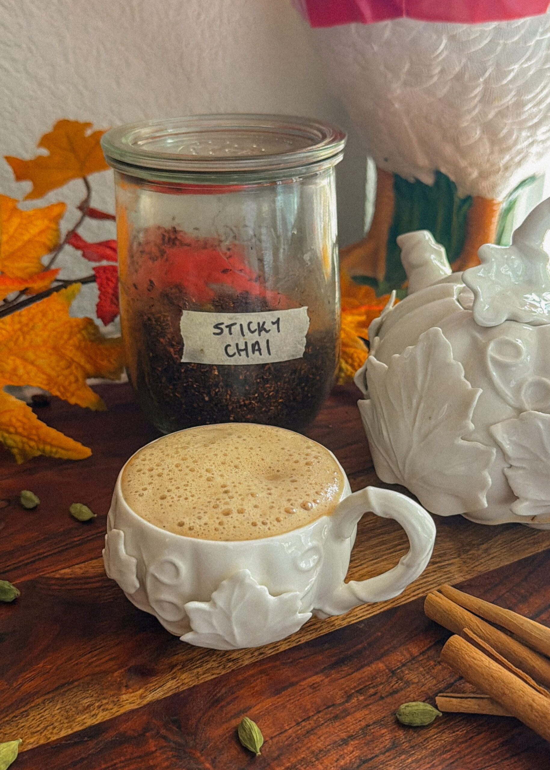 Homemade sticky chai mixture in a glass jar