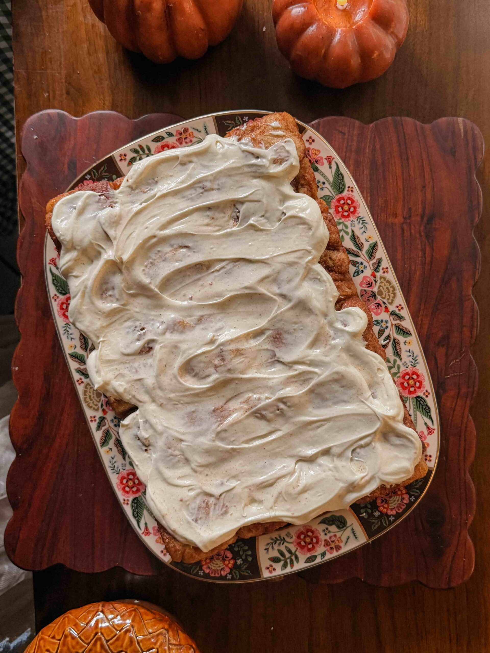Cinnamon roll sourdough focaccia with cream cheese frosting